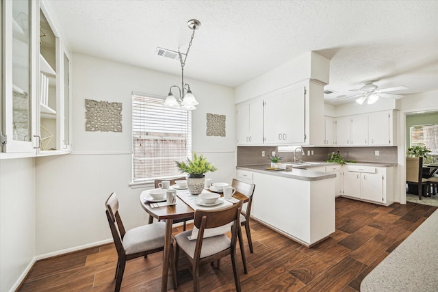 5939 Rutherglenn Dr, Houston, TX 77096 - dining room featuring a chandelier, dark wood-type flooring, a textured ceiling, ceiling fan, and baseboards