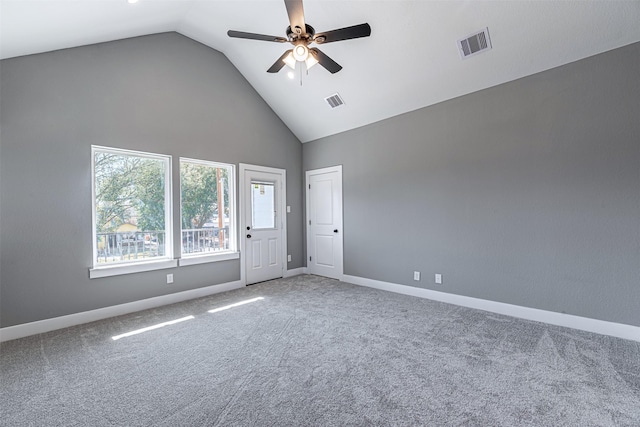 2020 Wavell St, Houston, TX 77088 - carpeted spare room featuring a ceiling fan, high vaulted ceiling, and baseboards