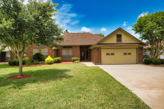 108 Madison Ave, Clute, TX 77531 - view of front of home with brick siding, concrete driveway, a front yard, a garage, and a chimney