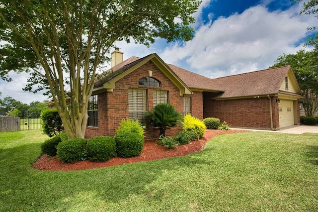 108 Madison Ave, Clute, TX 77531 - single story home featuring brick siding, a chimney, a shingled roof, concrete driveway, and an attached garage