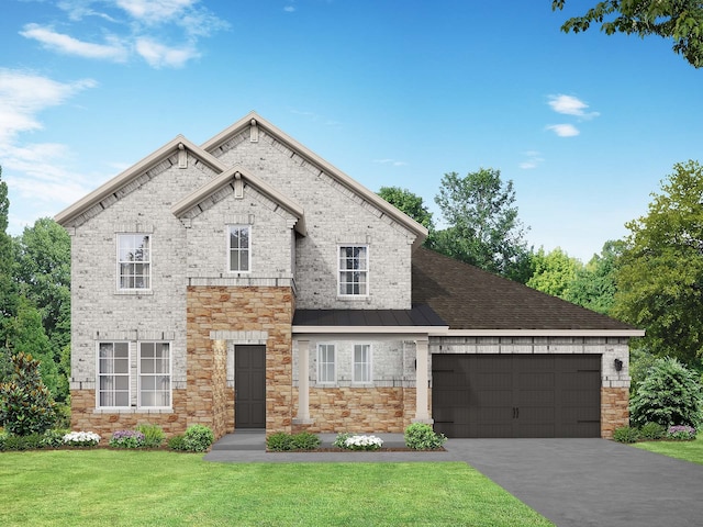 1827 Tioga View Dr, Rosharon, TX 77583 - view of front of house featuring stone siding, an attached garage, a front lawn, and asphalt driveway