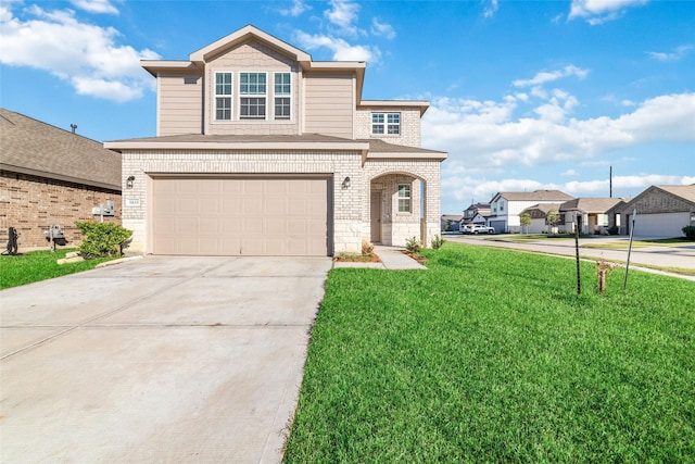 5810 Dry Brush Pl, Katy, TX 77493 - traditional-style house featuring an attached garage, concrete driveway, a front yard, a shingled roof, and brick siding
