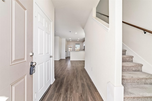 5810 Dry Brush Pl, Katy, TX 77493 - entryway featuring dark wood-type flooring, stairway, recessed lighting, and baseboards