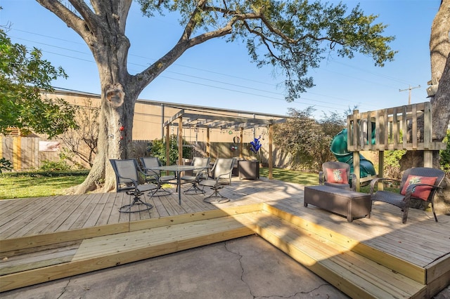 1615 Shadow Bend Dr, Houston, TX 77043 - wooden terrace with fence, outdoor dining area, and a pergola