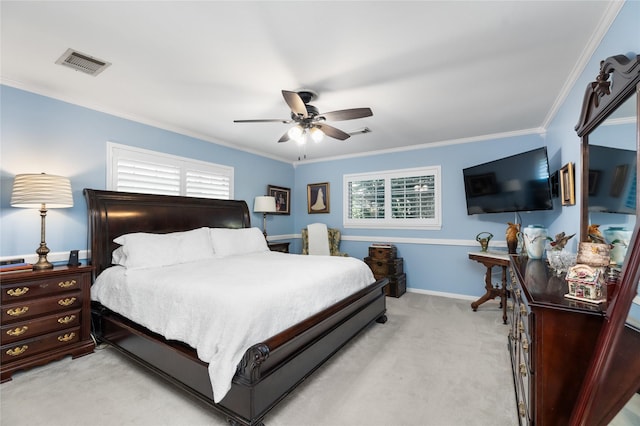 1615 Shadow Bend Dr, Houston, TX 77043 - bedroom with light colored carpet, crown molding, ceiling fan, and baseboards