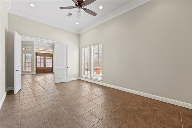 3490 Prescott Dr, Beaumont, TX 77706 - tiled empty room featuring ornamental molding, baseboards, a ceiling fan, recessed lighting, and french doors