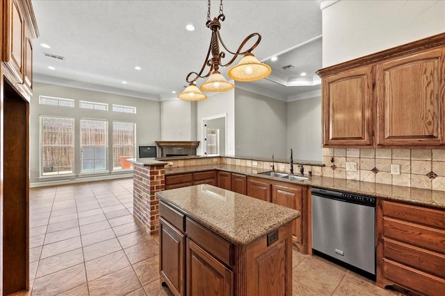 3490 Prescott Dr, Beaumont, TX 77706 - kitchen featuring dishwasher, a sink, light tile patterned flooring, crown molding, and stone countertops