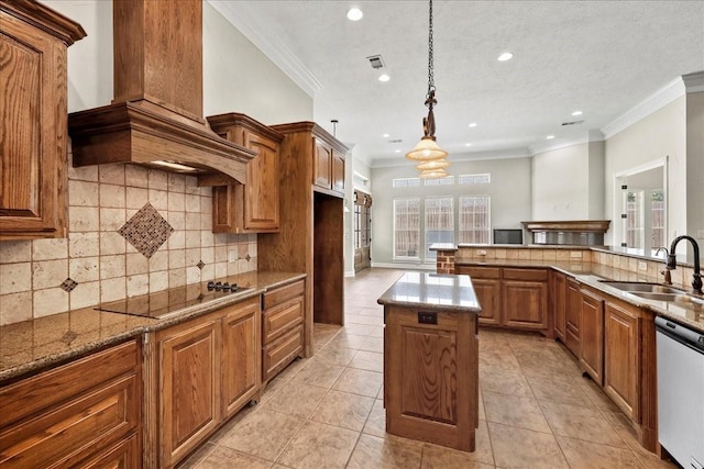 3490 Prescott Dr, Beaumont, TX 77706 - kitchen featuring a sink, stainless steel dishwasher, black electric cooktop, custom exhaust hood, and recessed lighting