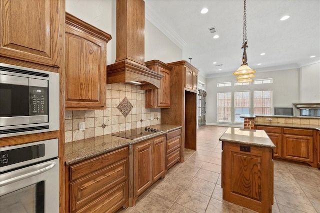 3490 Prescott Dr, Beaumont, TX 77706 - kitchen featuring stainless steel appliances, tasteful backsplash, crown molding, custom exhaust hood, and recessed lighting