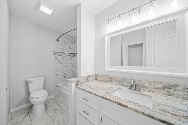 3009 Fm 50, Brenham, TX 77833 - full bathroom featuring marble look tile flooring, vanity, baseboards, toilet, and bathtub / shower combination