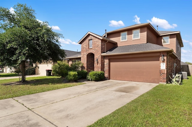 2910 High Garden Ln, Fresno, TX 77545 - traditional-style house with brick siding, concrete driveway, a front lawn, central AC, and a garage