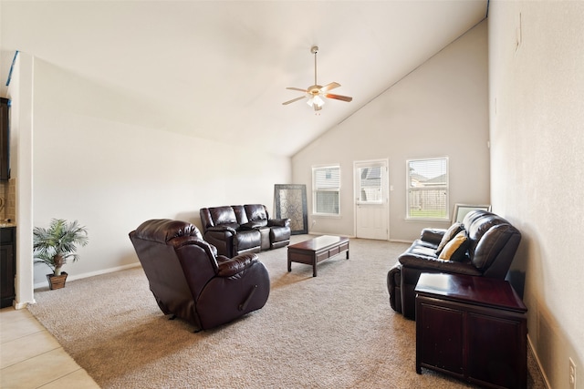 2910 High Garden Ln, Fresno, TX 77545 - living room featuring high vaulted ceiling, light colored carpet, a ceiling fan, baseboards, and light tile patterned floors