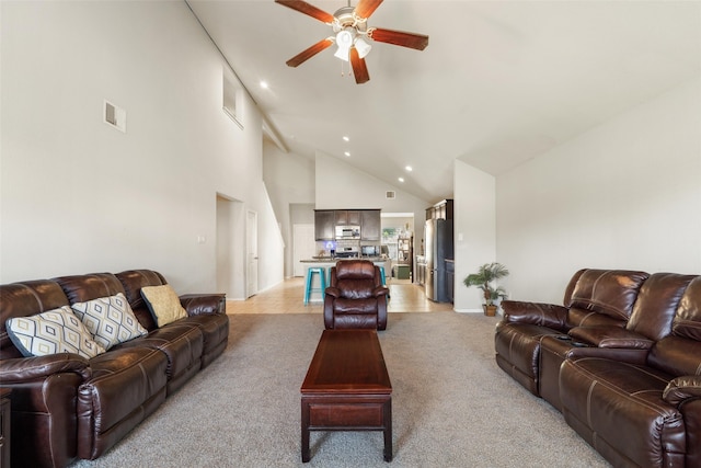 2910 High Garden Ln, Fresno, TX 77545 - living room with ceiling fan, high vaulted ceiling, light colored carpet, recessed lighting, and baseboards