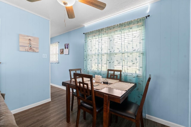 21 Clearview St, Point Blank, TX 77364 - dining area featuring dark wood-style flooring, baseboards, ornamental molding, and a ceiling fan