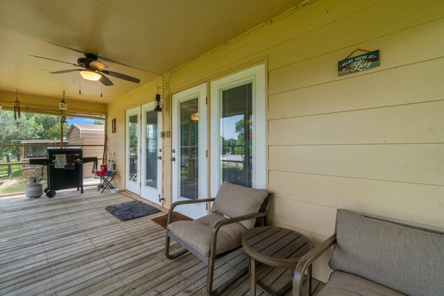 21 Clearview St, Point Blank, TX 77364 - wooden terrace with french doors and ceiling fan