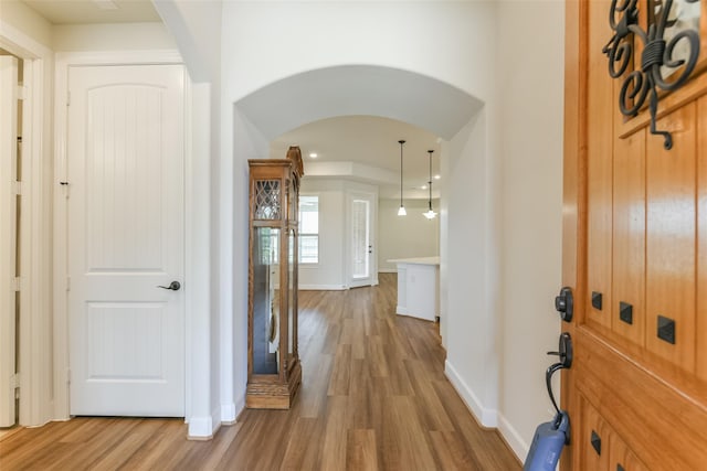 5746 Bobwhite Trl, Manvel, TX 77578 - entryway featuring arched walkways, wood finished floors, and baseboards