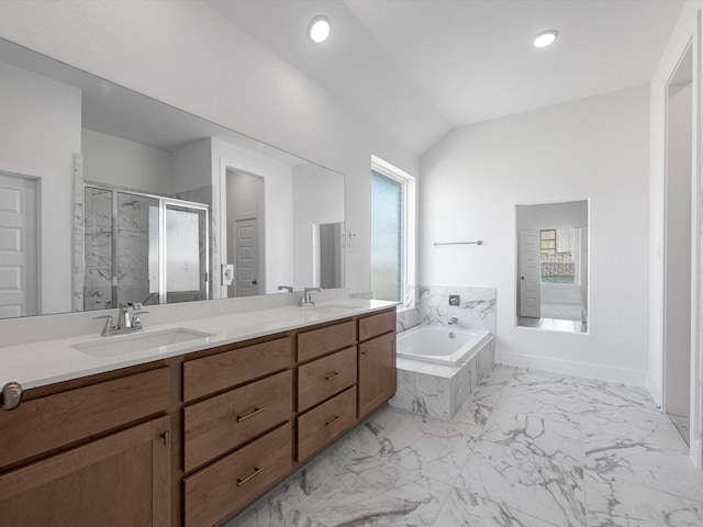 14674 Hereford Grove Ln, Montgomery, TX 77316 - full bathroom featuring a shower stall, a garden tub, double vanity, lofted ceiling, and marble finish floors