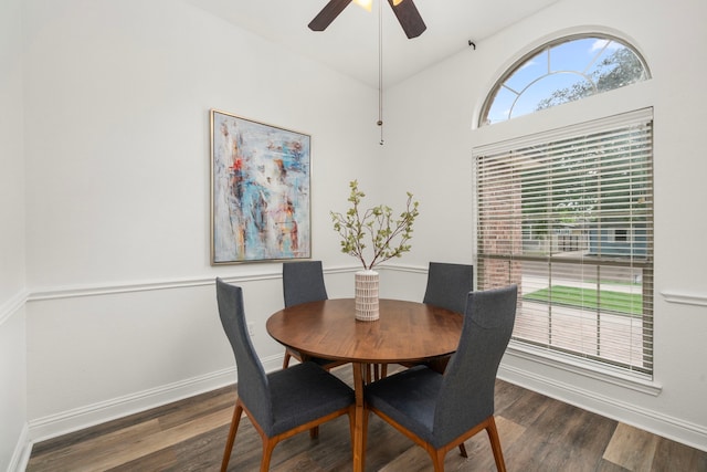 5106 Hardy St, Houston, TX 77009 - dining room featuring wood finished floors, a ceiling fan, and baseboards