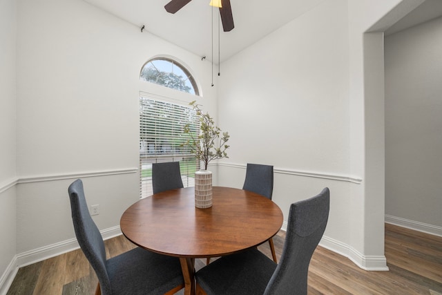 5106 Hardy St, Houston, TX 77009 - dining area with baseboards, wood finished floors, lofted ceiling, and a ceiling fan