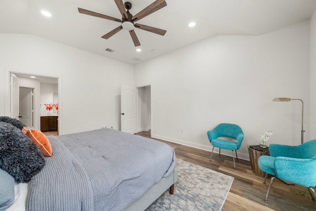5106 Hardy St, Houston, TX 77009 - bedroom featuring lofted ceiling, wood finished floors, baseboards, recessed lighting, and a ceiling fan