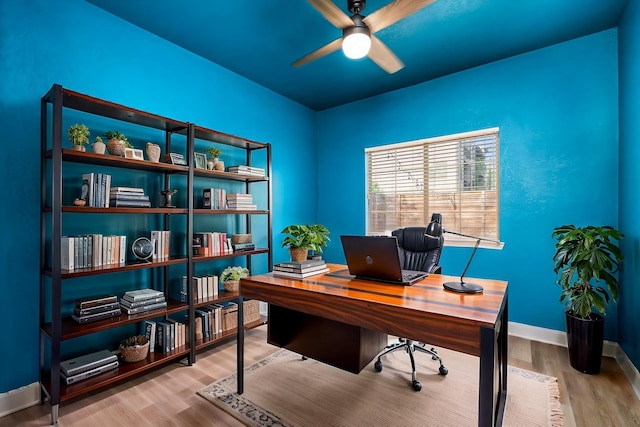 5106 Hardy St, Houston, TX 77009 - office featuring ceiling fan, wood finished floors, and baseboards