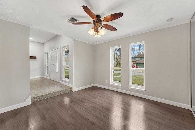 2407 Rambling Brook Dr, Spring, TX 77373 - unfurnished room featuring a ceiling fan, baseboards, dark wood-style floors, and ornamental molding