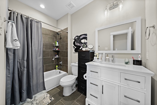 413 Stonework Oaks Ln, Houston, TX 77076 - bathroom with toilet, tile patterned floors, shower / tub combo with curtain, and vanity
