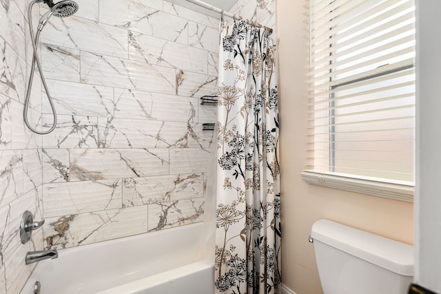 7802 Tarik Dr, Houston, TX 77083 - bathroom featuring shower / bathtub combination with curtain and toilet