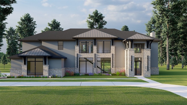 1525 Silver Creek Ln, Montgomery, TX 77316 - view of front of house with stone siding, a front yard, a chimney, and stucco siding