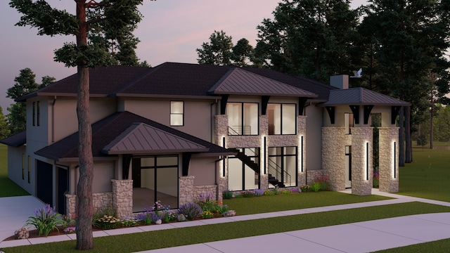 1525 Silver Creek Ln, Montgomery, TX 77316 - view of front of property with stone siding, a lawn, stucco siding, a standing seam roof, and a chimney