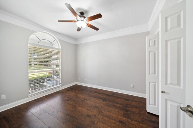5224 Shorewood Dr, Willis, TX 77318 - empty room featuring a ceiling fan, ornamental molding, baseboards, and dark wood-style flooring
