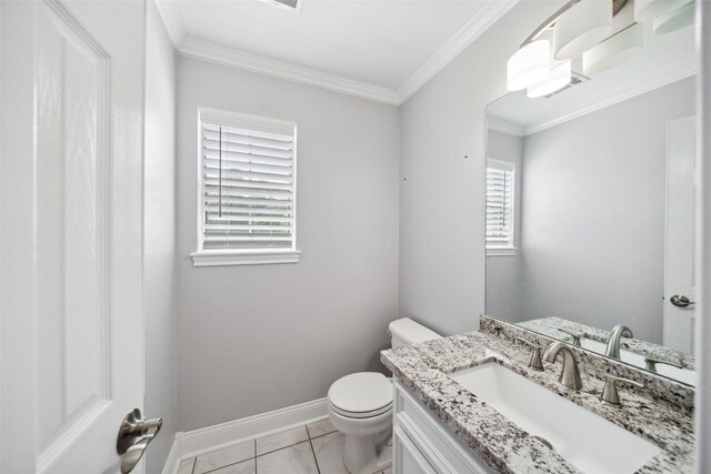 5224 Shorewood Dr, Willis, TX 77318 - bathroom featuring toilet, baseboards, ornamental molding, marble look tile flooring, and vanity
