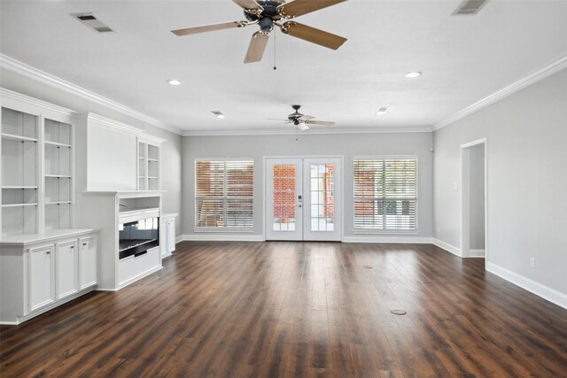 5224 Shorewood Dr, Willis, TX 77318 - unfurnished living room featuring ceiling fan, baseboards, a fireplace, ornamental molding, and dark wood-style flooring