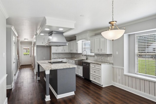 5224 Shorewood Dr, Willis, TX 77318 - kitchen with custom exhaust hood, dishwasher, white cabinetry, a center island, and a sink