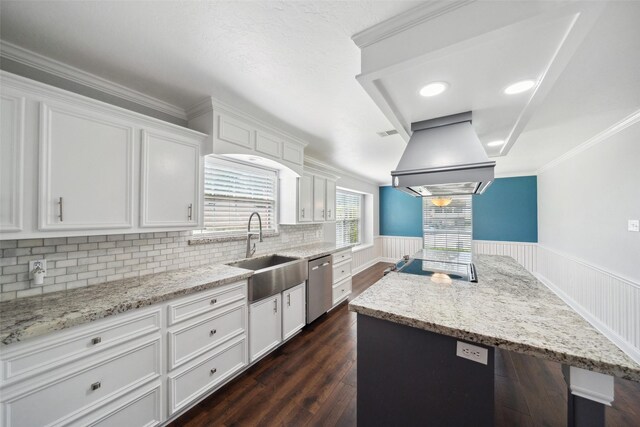 5224 Shorewood Dr, Willis, TX 77318 - kitchen featuring island exhaust hood, a sink, dishwasher, white cabinets, and dark wood-type flooring