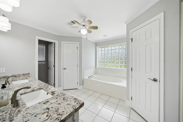 5224 Shorewood Dr, Willis, TX 77318 - full bath featuring a bath, a ceiling fan, crown molding, double vanity, and tile patterned flooring