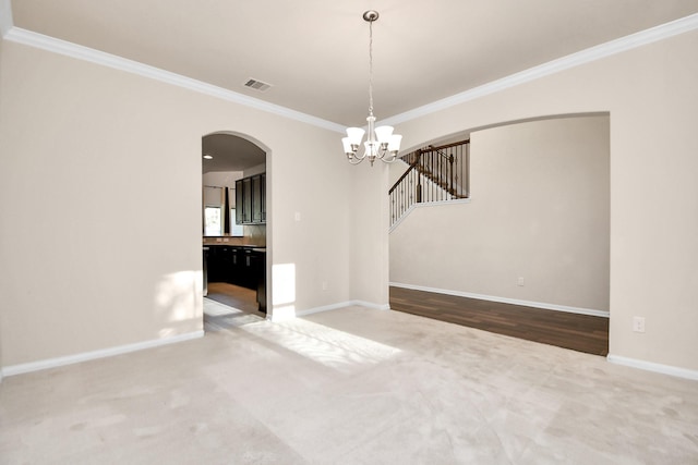 14542 Northern Mountain Ct, Houston, TX 77090 - unfurnished dining area with arched walkways, carpet, a chandelier, baseboards, and crown molding