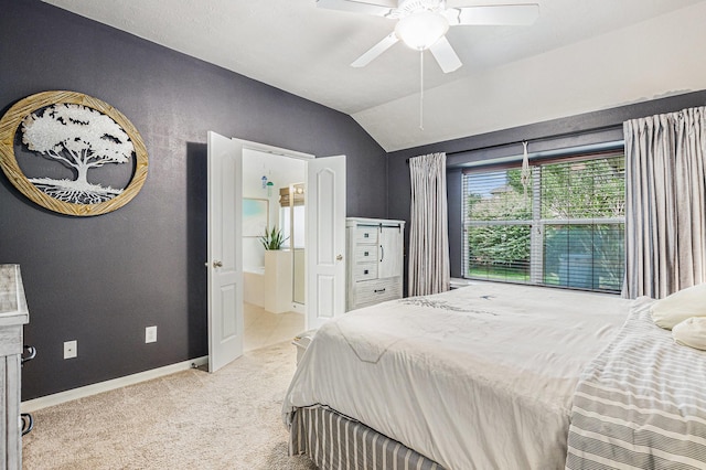 11518 Columbia Pines Ln, Cypress, TX 77433 - bedroom featuring vaulted ceiling, carpet flooring, baseboards, a ceiling fan, and ensuite bathroom