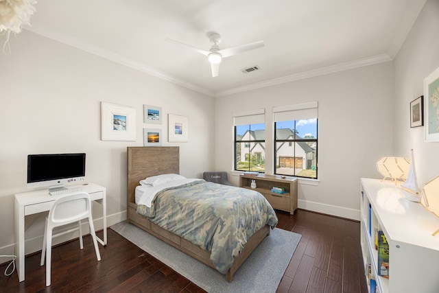 1211 Chamboard Ln, Houston, TX 77018 - bedroom with crown molding, baseboards, dark wood-style floors, and ceiling fan