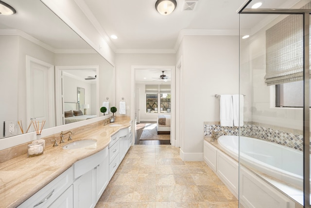 1211 Chamboard Ln, Houston, TX 77018 - ensuite bathroom with vanity, a stall shower, a bath, stone finish floors, and baseboards