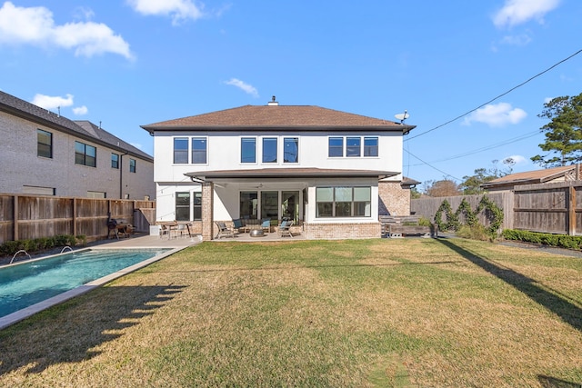 1211 Chamboard Ln, Houston, TX 77018 - back of house featuring brick siding, stucco siding, a ceiling fan, a patio, and a shingled roof