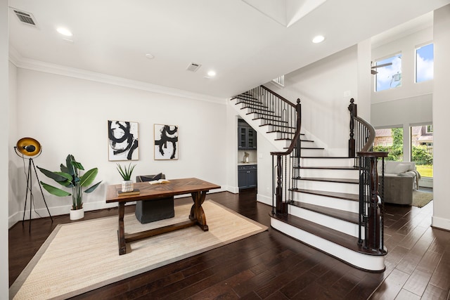 1211 Chamboard Ln, Houston, TX 77018 - home office with baseboards, crown molding, dark wood finished floors, and recessed lighting