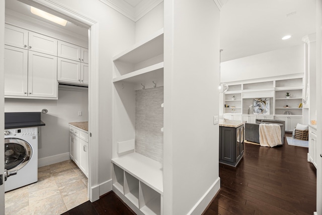 1211 Chamboard Ln, Houston, TX 77018 - washroom with washer / clothes dryer, baseboards, cabinet space, crown molding, and recessed lighting