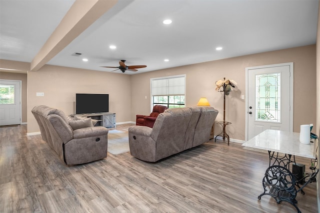 416 State Highway 21 E, Crockett, TX 75835 - living room with baseboards, light wood finished floors, ceiling fan, and recessed lighting