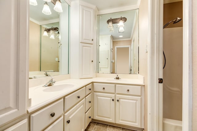 333 Banyan Dr, Lake Jackson, TX 77566 - full bath featuring double vanity, ornamental molding, and a shower