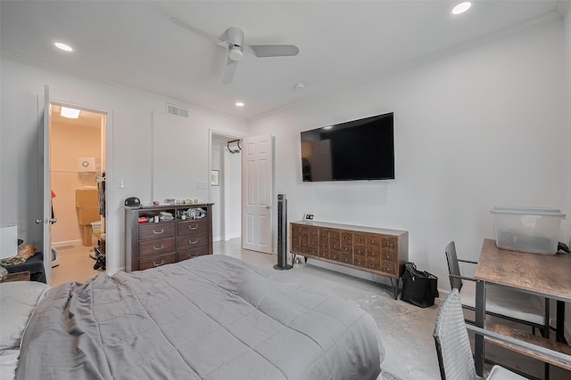 4515 Briar Hollow Pl Unit 307, Houston, TX 77027 - bedroom with concrete floors, ornamental molding, recessed lighting, a ceiling fan, and ensuite bath