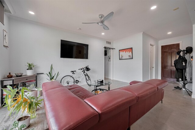 4515 Briar Hollow Pl Unit 307, Houston, TX 77027 - living area featuring ceiling fan, crown molding, recessed lighting, and finished concrete floors