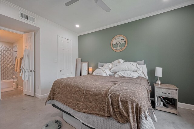 4515 Briar Hollow Pl Unit 307, Houston, TX 77027 - bedroom featuring finished concrete flooring, crown molding, baseboards, ceiling fan, and recessed lighting