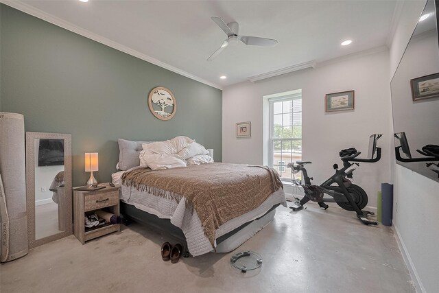 4515 Briar Hollow Pl Unit 307, Houston, TX 77027 - bedroom featuring ornamental molding, baseboards, recessed lighting, ceiling fan, and finished concrete flooring