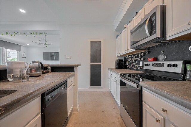 4515 Briar Hollow Pl Unit 307, Houston, TX 77027 - kitchen featuring stainless steel appliances, ornamental molding, white cabinetry, concrete floors, and recessed lighting